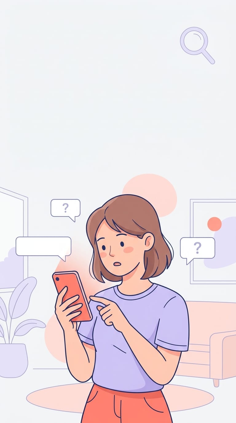 Personagem ilustrada generica de 20 anos com expressao curiosa e levemente desorientada, segurando smartphone verticalmente, olhando para a tela em busca de algo que nao existe. Composicao vertical 9:16. Personagem posicionada no terco inferior-central, com corpo levemente inclinado para o lado enquanto olha o celular com expressao confusa. Baloes de notificacao flutuando vazios ou com ponto de interrogacao ao redor. Lupa abstrata sutil no canto superior. Fundo claro e limpo com muito espaco negativo no terco superior para integrar ao fundo do site.