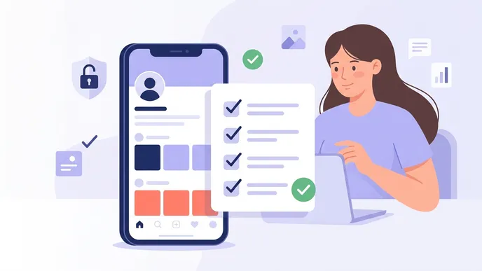 Checklist visual de segurança com perfil organizado, celular e sinais de confirmação