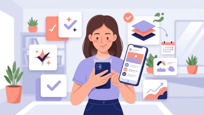 Checklist visual com celular, tags organizadas e sinais de validação antes de publicar