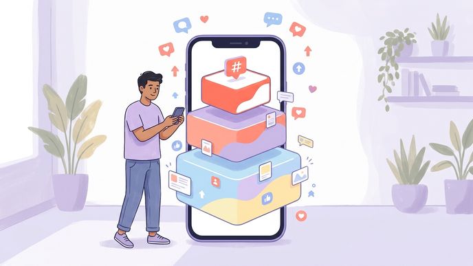 Pirâmide visual com hashtags de nicho, assunto médio e série própria