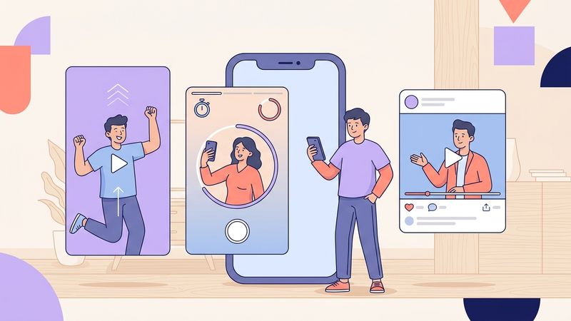 Comparação editorial entre Reels, Stories e vídeo no feed em molduras abstratas ao redor de um smartphone