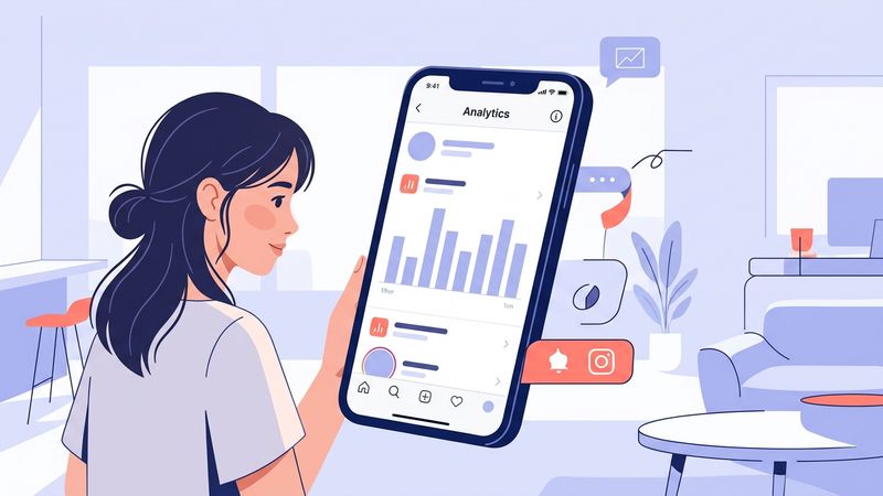 Celular com dashboard abstrato de analytics mostrando gráfico de barras por hora e personagem analisando