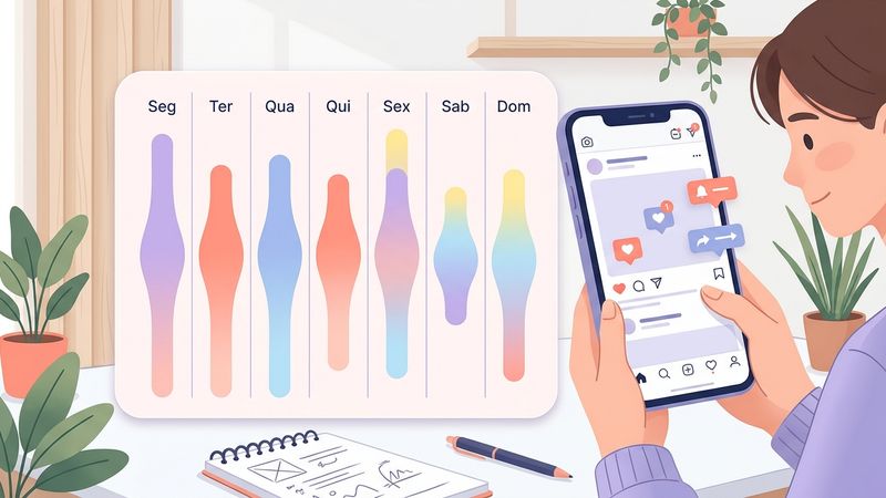 Grade semanal abstrata com barras de pico de engajamento por dia e celular ilustrado